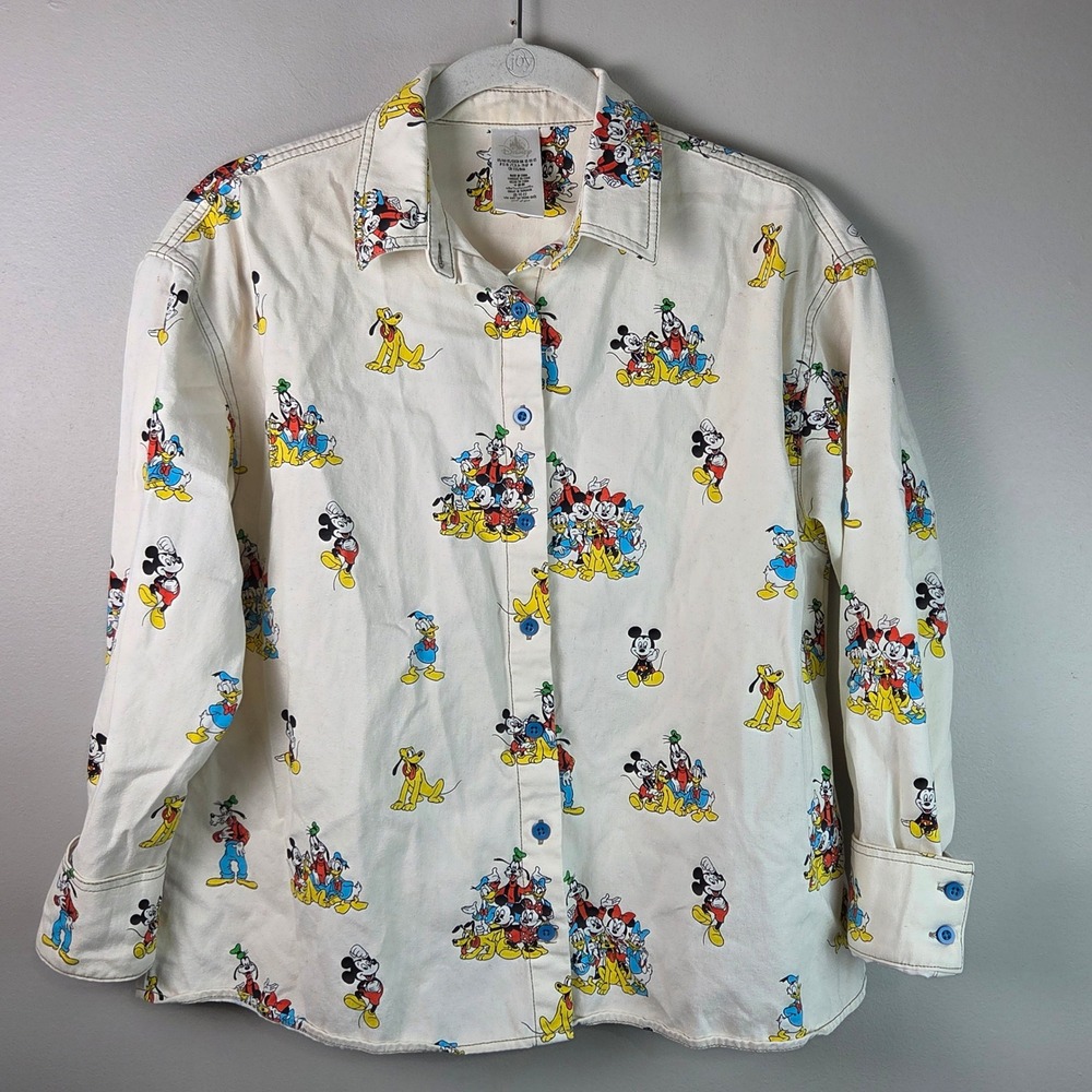 Disney Character Print Button Down Women XS White Excellent Mickey Minnie Retro